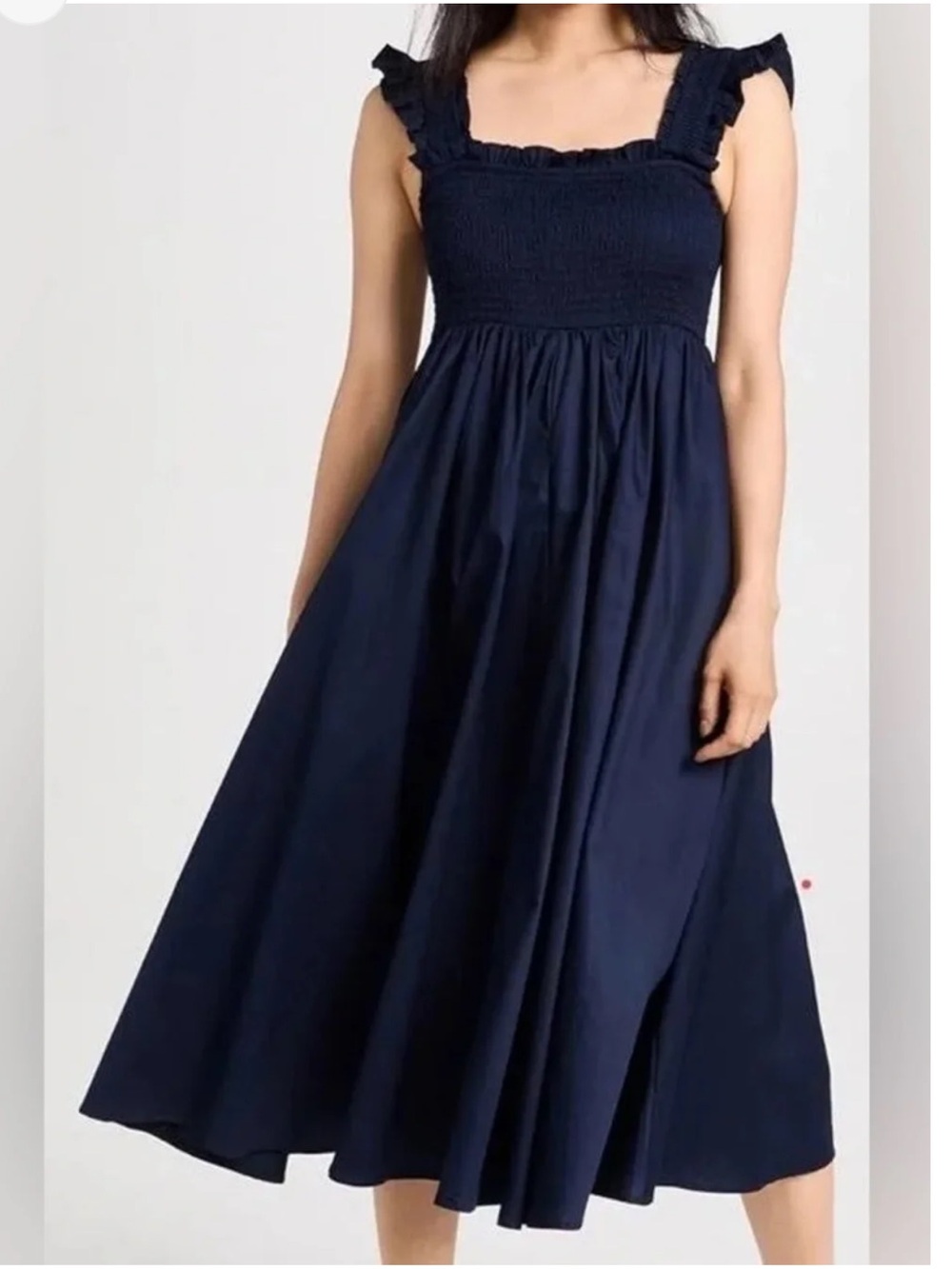 Petite Plume Smocked Bodice Navy Midi Dress with Ruffle Strap 100% cotton
